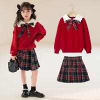Polyester Girl Clothes Set & two piece skirt & top printed plaid red Set