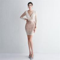 Sequin & Polyester Slim Short Evening Dress deep V PC