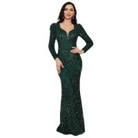 Sequin & Polyester Slim Long Evening Dress deep V patchwork green PC