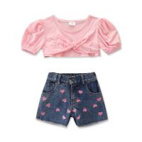 Cotton Girl Clothes Set & two piece Pants & top printed heart pattern pink Set