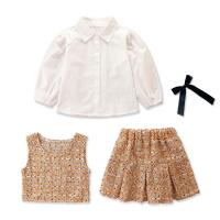 Polyester Girl Clothes Set & three piece vest & skirt & top plaid khaki Set