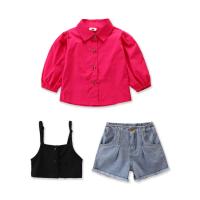 Polyester Girl Clothes Set & three piece Pants & camis & top plain dyed Solid Set