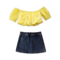 Denim & Polyester Girl Two-Piece Dress Set & two piece skirt & top plain dyed Solid yellow Set