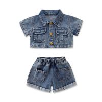 Cotton Denim Girl Clothes Set & two piece Pants & top plain dyed Solid blue Set