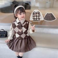 Cotton Slim Girl Clothes Set & three piece vest & skirt & top Argyle brown Set