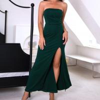 Polyester One-piece Dress side slit & backless Solid green PC
