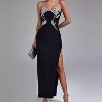 Polyester Slim Long Evening Dress side slit & backless & with rhinestone black PC