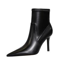 PU Leather side zipper & Stiletto Boots Solid black Pair