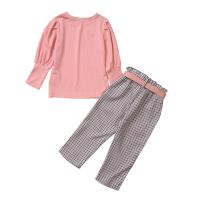 Polyester & Cotton Girl Clothes Set & two piece Pants & top printed plaid pink Set