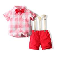 Katoen Boy Summer Kleding Set hang broek & Boven Afgedrukt Plaid Roze Instellen