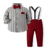 Cotton Boy Clothing Set & three piece Necktie & suspender pant & top printed striped gray Set