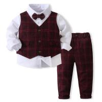 Cotton Boy Clothing Set & four piece Necktie & vest & Pants & top printed plaid wine red Set