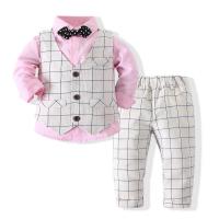 Polyester & Cotton Boy Clothing Set & three piece vest & Pants & top printed plaid pink Set