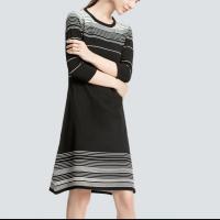Knitted Slim & High Waist One-piece Dress mid-long style Polyester knitted striped black PC
