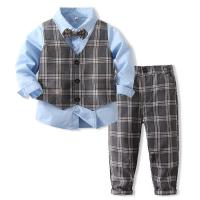 Cotton Boy Clothing Set & three piece vest & Pants & top printed plaid blue Set