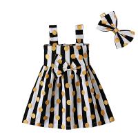 Cotton Girl One-piece Dress with hair accessory printed striped black PC