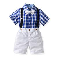 Algodón Juego de ropa de verano para niños, Corbata & Correa & Pantalones & parte superior, impreso, tartán, azul,  Conjunto