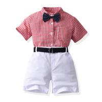 Algodón Juego de ropa de verano para niños, Corbata & Pantalones & parte superior, impreso, tartán, rojo y blanco,  Conjunto