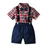 Cotton Boy Summer Clothing Set Necktie & suspender pant & top printed plaid red and blue Set