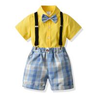 Algodón Juego de ropa de verano para niños, Corbata & Correa & Pantalones & parte superior, impreso, tartán, amarillo,  Conjunto