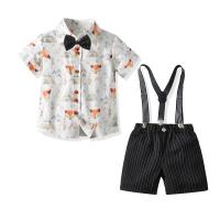 Baumwolle Junge Sommer Kleidung Set, Krawatte & Hose aussetzen & Nach oben, Gedruckt, Cartoon, weiß und schwarz,  Festgelegt