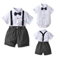 Cotton Triangle Climbing Clothe Boy Summer Clothing Set Necktie & suspender pant & teddy printed plaid white and black Set