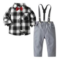 Baumwolle Junge Kleidung Set, Krawatte & Hose aussetzen & Nach oben, Gedruckt, Plaid, weiß und schwarz,  Festgelegt