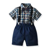 Cotton Boy Summer Clothing Set Necktie & suspender pant & top printed plaid blue Set