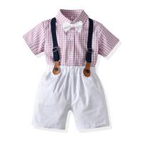 Cotton Boy Summer Clothing Set & two piece suspender pant & top printed plaid purple Set