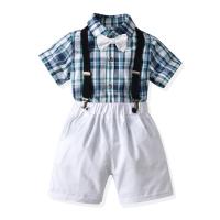 Cotton Boy Summer Clothing Set Necktie & suspender pant & top printed plaid blue Set