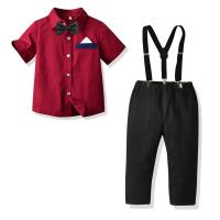 Cotton Boy Summer Clothing Set Necktie & suspender pant & top plain dyed Solid wine red Set