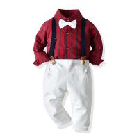 Cotton Boy Clothing Set & two piece suspender pant & top printed striped Set