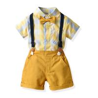 Katoen Boy Summer Kleding Set hang broek & Boven Afgedrukt Plaid Geel Instellen