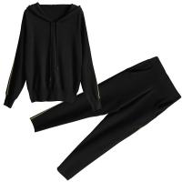 Polyester Women Casual Set & two piece & loose Long Trousers & Sweatshirt plain dyed Solid Set