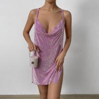 Metal & Rhinestone One-piece Dress mid-long style & side slit & backless pink PC