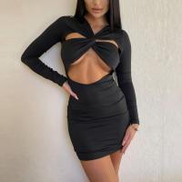 Polyester Slim Sexy Package Hip Dresses & hollow Solid black PC
