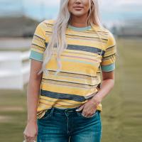 Polyester Slim Women Short Sleeve T-Shirts printed striped PC