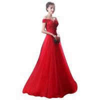 Polyester Waist-controlled & Off Shoulder Long Evening Dress embroider floral red PC