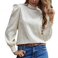 Polyester stringy selvedge Women Long Sleeve Shirt printed leopard Apricot PC