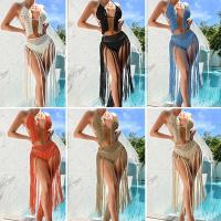 Acrylic Tassels Bikini backless & two piece Solid Set