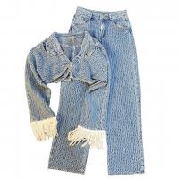 Polyester & Cotton Wide Leg Trousers & Tassels & High Waist Women Casual Set two piece & hollow crochet Solid blue :L PC