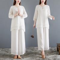 Cotton Linen Women Casual Set & two piece Long Trousers & top Solid white Set