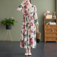 Cotton Linen Waist-controlled One-piece Dress slimming & deep V & loose printed PC