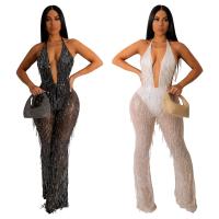 Polyester Tassels Long Jumpsuit & transparent Spandex Solid white and black PC