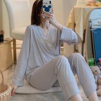 Cotton Women Pajama Set & loose patchwork Solid gray PC