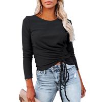 Linen & Cotton Drawstring Design & Plus Size Women Long Sleeve T-shirt patchwork Solid PC