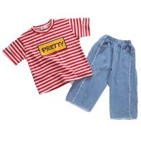 Cotton Girl Clothes Set & two piece & loose Pants & top printed striped red and blue Set