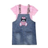 Cotton Girl Clothes Set & two piece & loose suspender skirt & top printed Cartoon blue and pink Set