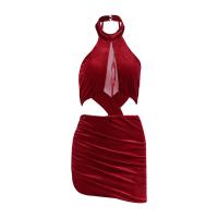 Polyester Slim & High Waist Sexy Package Hip Dresses backless & off shoulder & hollow patchwork Solid red PC