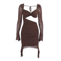 Polyester Slim & High Waist Sexy Package Hip Dresses see through look & deep V & hollow patchwork Solid brown PC